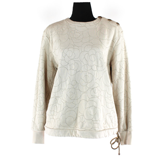 CHANEL Camelia Floral Stitched Beige Cotton Crewneck Sweater 38 Logo CC Button - Picture 1 of 7